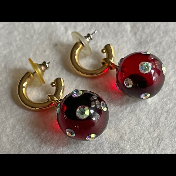 fun earrings for pierced ears gold with red lucite ball and rhinestones - Picture 1 of 5